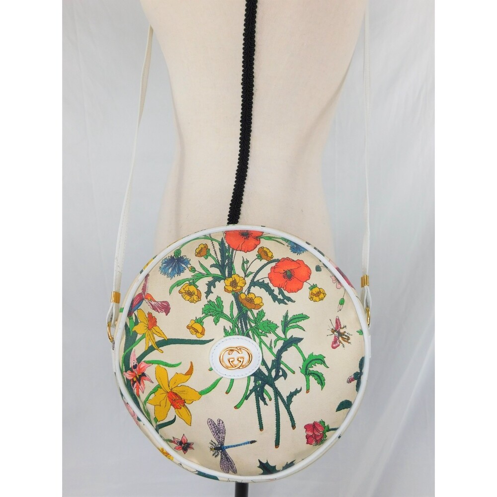 Rare Vintage GUCCI FLORA GARDEN Leather Trim Round Crossbody Bag